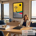Quadro Decorativo Grande Figura para Sala Amarelo | quadros decorativos | figura preta com cabeça de cabra sentada sob árvore seca em fundo amarelo com sol negro | em ambiente 2 | Porao dos Quadros