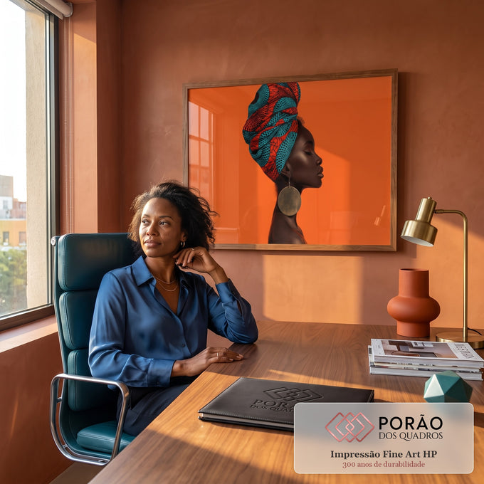 Mulher negra de perfil com turbante azul e vermelho e brinco dourado, fundo laranja, quadro decorativo