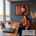 Mulher com rosto de miçangas coloridas olhando para cima, fundo listrado arco-íris, quadro decorativo