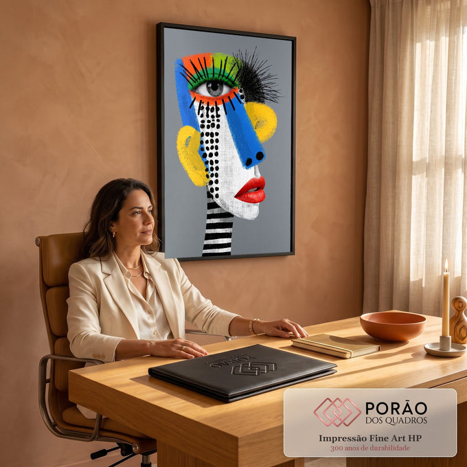 Quadro Decorativo Grande Rosto Pop Art para Sala Azul | quadros decorativos | rosto de perfil em pop art com olho realista e cores vibrantes em blocos | em ambiente 2 | Porao dos Quadros