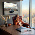 Porsche 911 azul-escuro em terraço com skyline de Nova York e céu nublado ao fundo, quadro decorativo