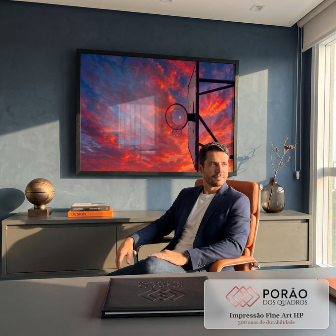 Quadro Decorativo Grande Cesta de Basquete para Sala Laranja | quadros decorativos | cesta de basquete vista de baixo contra céu de pôr do sol com lua visível no aro | em ambiente 2 | Porao dos Quadros