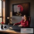 Quadro Decorativo Grande Crisântemo para Sala Vermelho | quadros decorativos | crisântemo vermelho-vinho com pétalas curvadas e gotas de orvalho sobre fundo escuro | em ambiente 2 | Porao dos Quadros