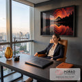 Quadro Decorativo Grande Céu em Chamas para Sala Vermelho | quadros decorativos | céu em ondas vermelhas e laranjas refletido em lago com montanha e pinheiros em silhueta | em ambiente 2 | Porao dos Quadros