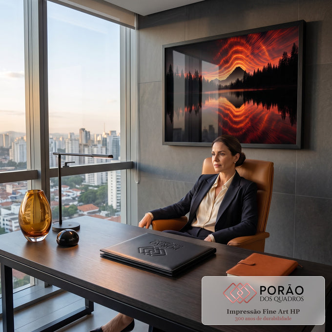 Quadro Decorativo Grande Céu em Chamas para Sala Vermelho | quadros decorativos | céu em ondas vermelhas e laranjas refletido em lago com montanha e pinheiros em silhueta | em ambiente 2 | Porao dos Quadros