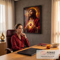 Quadro Decorativo Grande Sagrado Coração Formatos para Sala | quadros decorativos | Jesus Cristo com coroa de espinhos segurando coração sagrado em chamas douradas | em ambiente 2 | Porao dos Quadros