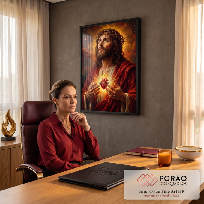 Quadro Decorativo Grande Sagrado Coração Formatos para Sala | quadros decorativos | Jesus Cristo com coroa de espinhos segurando coração sagrado em chamas douradas | em ambiente 2 | Porao dos Quadros