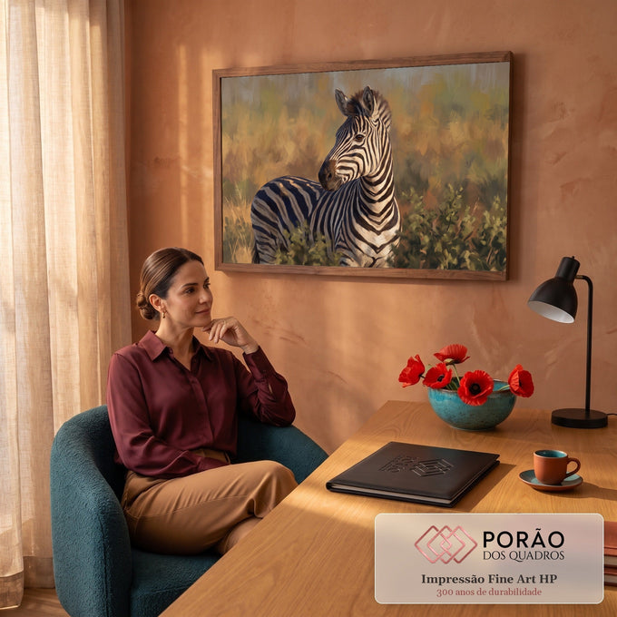 Zebra de listras pretas e brancas olhando de lado na savana dourada, com pinceladas aparentes, quadro decorativo