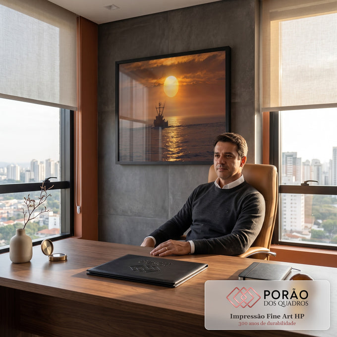 Quadro Decorativo Grande Barco de Pesca Pôr do Sol para Sala | quadros decorativos | silhueta de barco de pesca navegando sob sol dourado ao entardecer no mar | em ambiente 2 | Porao dos Quadros