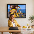Quadro Decorativo Grande Banca de Limões para Área Gourmet | quadros decorativos | banca de frutas coloridas com limões e laranjas à beira-mar na Itália | em ambiente 2 | Porao dos Quadros