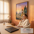Quadro Decorativo Grande Jesus Pastor para Sala Laranja | quadros decorativos | Jesus carregando um cordeiro cercado de ovelhas num campo florido ao pôr do sol | em ambiente 2 | Porao dos Quadros
