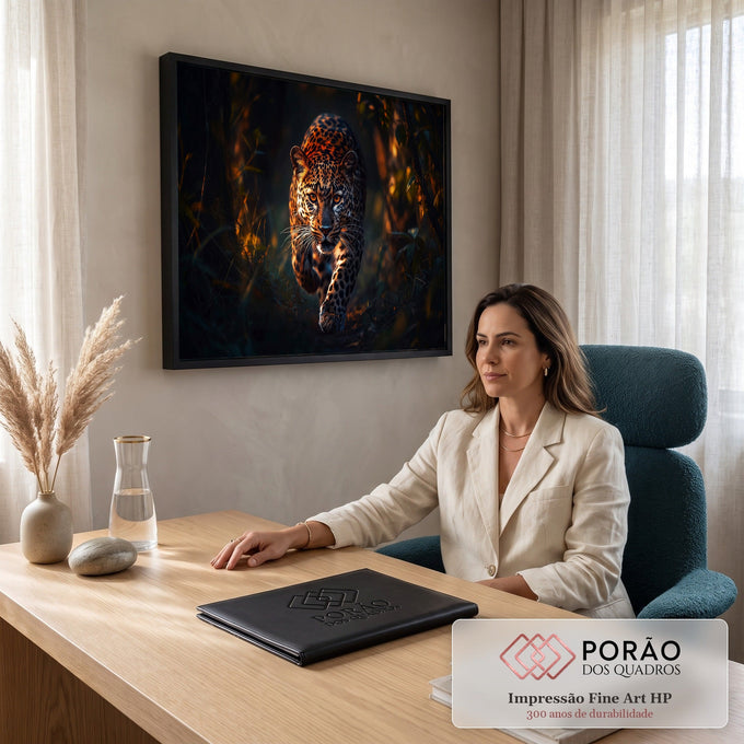 Quadro Decorativo Grande Leopardo Floresta para Sala Marrom | quadros decorativos | leopardo caminhando por floresta escura com luz dourada e olhos âmbar | em ambiente 2 | Porao dos Quadros