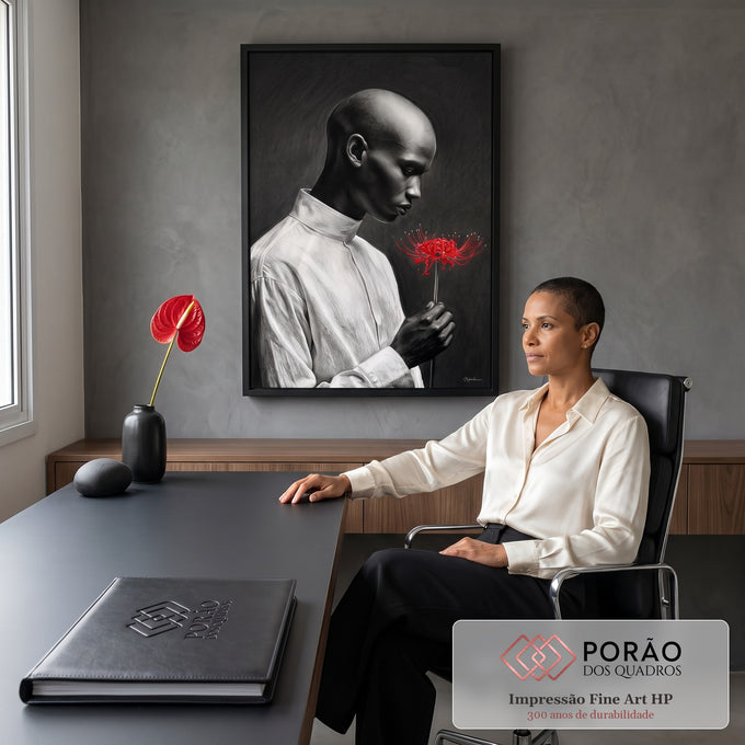 Homem negro de perfil com camisa branca segurando lírio vermelho em fundo escuro, quadro decorativo