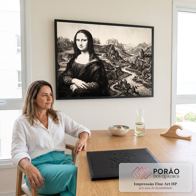 Mona Lisa em gravura a nanquim preto e branco com montanhas e rio sinuoso ao fundo, quadro decorativo