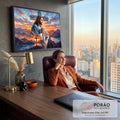 Quadro Decorativo Grande Jesus o Leão para Sala Laranja | quadros decorativos | Jesus com a mão sobre um leão branco diante de pôr do sol em montanhas | em ambiente 2 | Porao dos Quadros