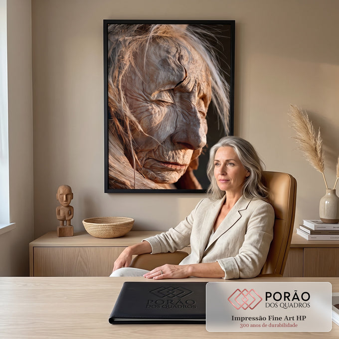 Quadro Decorativo Rosto Esculpido em Madeira com Textura | quadros decorativos | rosto de madeira esculpido em perfil com rugas profundas e textura rústica sob luz quente | em Quadros para Escritorio | Porao dos Quadros
