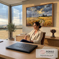 Quadro Decorativo Grande Paisagem Campo de Trigo para Sala | quadros decorativos | campo de trigo dourado com papoulas vermelhas e céu nublado com raios de sol | em ambiente 2 | Porao dos Quadros