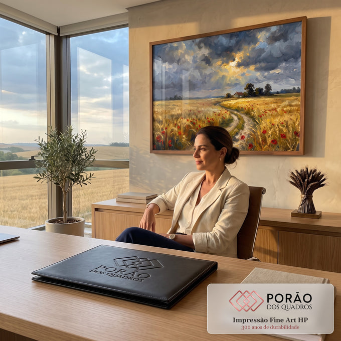 Quadro Decorativo Grande Paisagem Campo de Trigo para Sala | quadros decorativos | campo de trigo dourado com papoulas vermelhas e céu nublado com raios de sol | em ambiente 2 | Porao dos Quadros