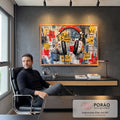 Quadro Decorativo Grande Fone de Ouvido para Sala Vermelho | quadros decorativos | fone de ouvido vermelho e preto em fundo grafite colorido com coroas e rabiscos | em ambiente 2 | Porao dos Quadros