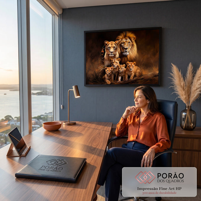 Leão, leoa e quatro filhotes juntos na savana em tons marrons e dourados, quadro decorativo