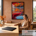 Quadro Decorativo Canoa Vermelha em Lago no Outono | quadros decorativos | canoa vermelha vazia flutuando em lago espelhado cercado por árvores de outono coloridas | em Quadros para Escritorio | Porao dos Quadros