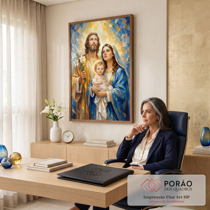 Quadro Decorativo Grande Sagrada Família para Sala Azul | quadros decorativos | Sagrada Família em estilo mosaico azul e dourado com auréolas e lírios brancos | em ambiente 2 | Porao dos Quadros
