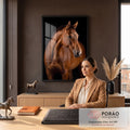 Cavalo baio de pelagem brilhante olhando de lado sobre fundo preto, fotografia de estúdio, quadro decorativo