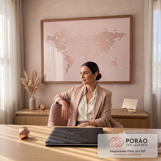 Quadro Decorativo Grande Mapa Mundi em Pontos para Sala Rosa | quadros decorativos | mapa múndi formado por pontos em tons de rosé e cobre sobre fundo rosa claro | em ambiente 2 | Porao dos Quadros