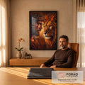 Quadro Decorativo Grande Jesus Cristo Juba Dourada para Sala | quadros decorativos | rosto de Jesus com coroa de espinhos ao lado de um leão dourado em fundo de fogo | em ambiente 2 | Porao dos Quadros