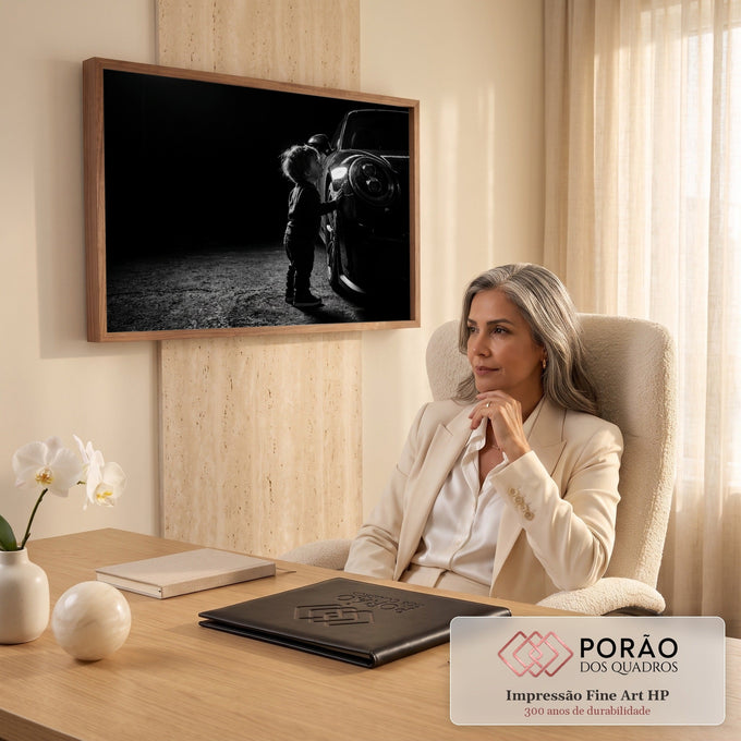 Quadro Decorativo Grande Criança Admirando para Sala Preto | quadros decorativos | criança admirando carro esportivo escuro em fotografia preto e branco dramática | em ambiente 2 | Porao dos Quadros