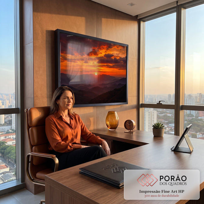Quadro Decorativo Grande Pôr do Sol Montanhas para Sala | quadros decorativos | pôr do sol laranja entre montanhas em silhueta com céu dramático | em ambiente 2 | Porao dos Quadros