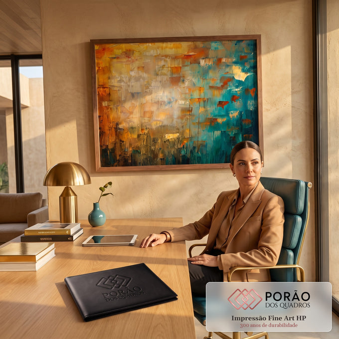 Quadro Decorativo Grande Abstrato e Azul para Sala Dourado | quadros decorativos | pintura abstrata texturizada com metade dourada e metade azul petróleo | em ambiente 2 | Porao dos Quadros