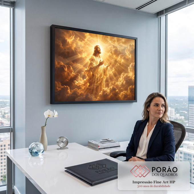 Jesus Cristo de túnica clara olhando para o céu entre nuvens douradas e raios de luz, quadro decorativo