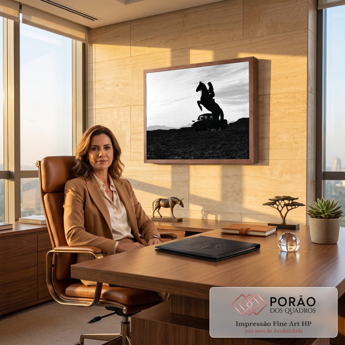 Cavalo empinado com cowgirl e Porsche clássico em silhueta no deserto, preto e branco, quadro decorativo