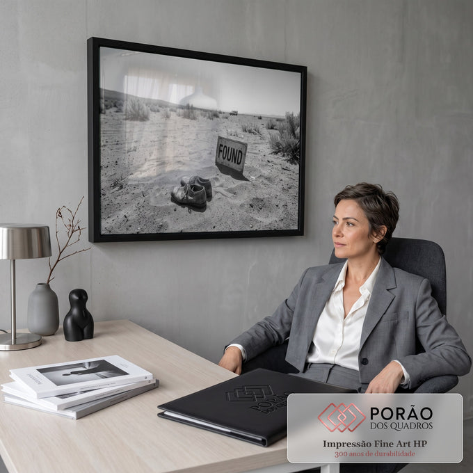 Quadro Decorativo Grande Sapatos e Placa para Sala Preto | quadros decorativos | sapatos velhos na areia ao lado de placa found em deserto preto e branco | em ambiente 2 | Porao dos Quadros