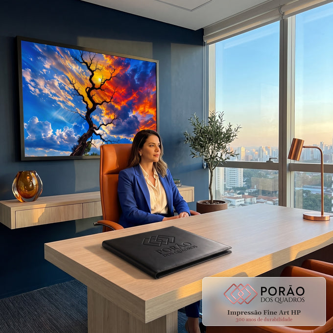 Árvore seca de galhos retorcidos com sol entre os galhos e céu azul e laranja vibrante, quadro decorativo