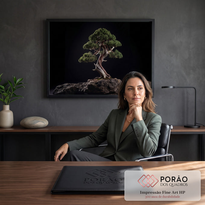Quadro Decorativo Grande Bonsai com Tronco para Sala Preto | quadros decorativos | bonsai verde com tronco retorcido de madeira clara sobre rocha em fundo preto | em ambiente 2 | Porao dos Quadros