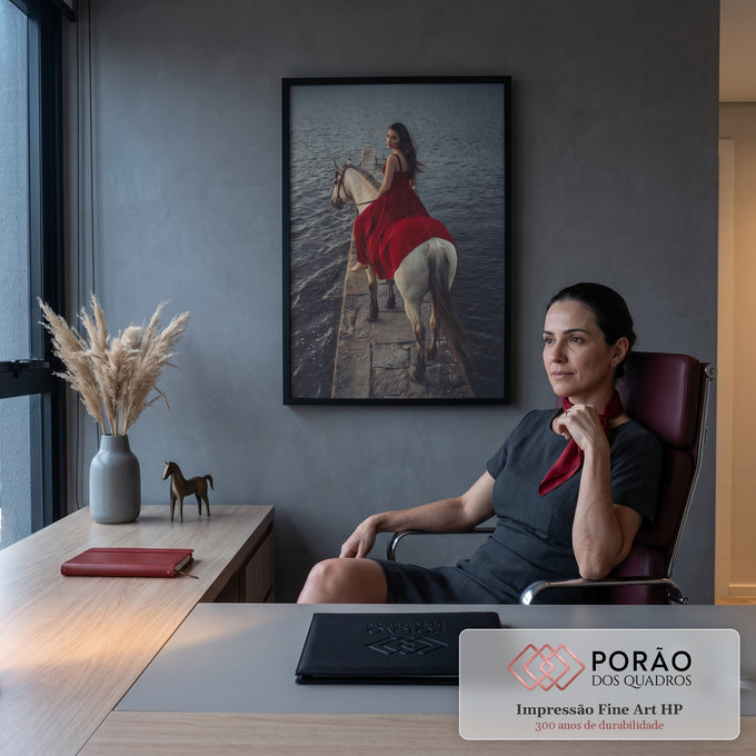 Mulher de vestido vermelho montada em cavalo branco sobre cais de pedra e água escura, quadro decorativo