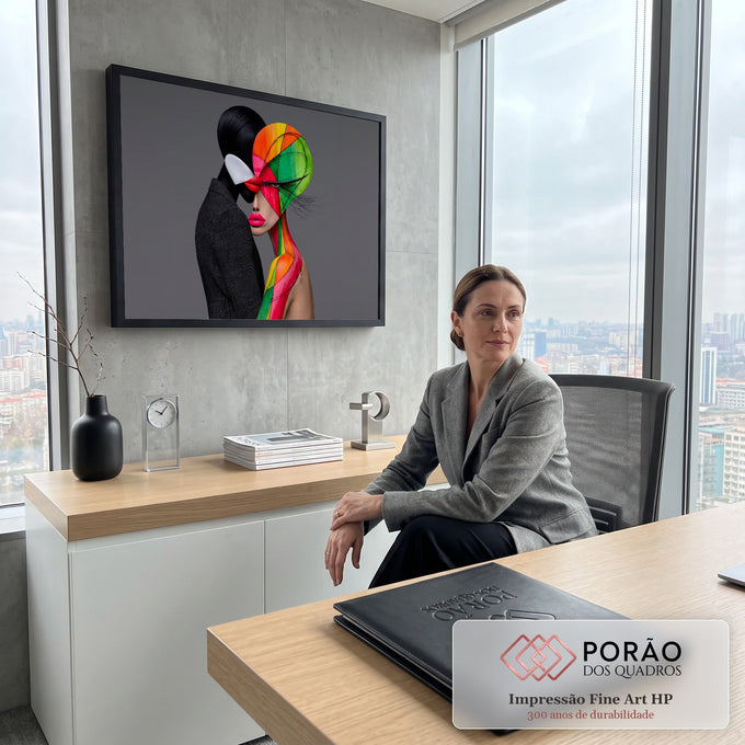 Mulher com rosto em vitral geométrico colorido beijada por figura preta sem rosto, fundo cinza, quadro decorativo