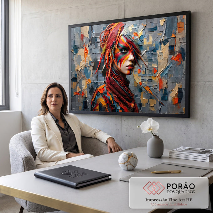 Mulher com rosto pintado em cores tribais e penas vermelhas sobre fundo cinza texturizado, quadro decorativo