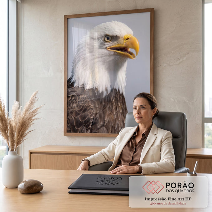 Águia-de-cabeça-branca em close, bico amarelo aberto e penas marrons sobre fundo cinza, quadro decorativo