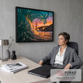 Quadro Decorativo Grande Onda do Mar para Sala Verde | quadros decorativos | túnel de onda verde-azulada com Golden Gate Bridge ao pôr do sol | em ambiente 2 | Porao dos Quadros