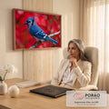 Pássaro gaio-azul pousado em galho seco com fundo vermelho de outono desfocado, quadro decorativo