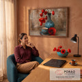 Quadro Decorativo Grande Papoulas Vaso Azul para Sala | quadros decorativos | papoulas vermelhas em vaso azul craquelado ao lado de xícara de café | em ambiente 2 | Porao dos Quadros