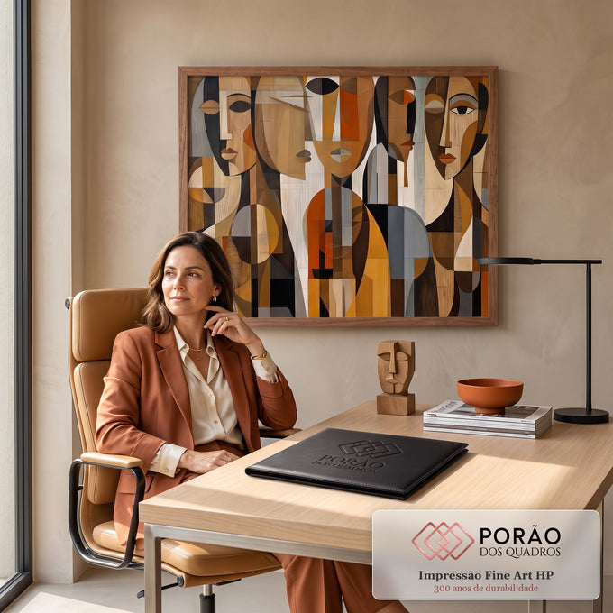 Quadro Decorativo Grande Rostos Cubistas para Sala Marrom | quadros decorativos | rostos cubistas geométricos em tons terrosos com textura de madeira | em ambiente 2 | Porao dos Quadros