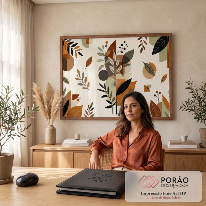 Quadro Decorativo Grande Folhagem Geométrica para Sala | quadros decorativos | folhas e ramos estilizados sobre formas geométricas em terracota e verde-oliva | em ambiente 2 | Porao dos Quadros