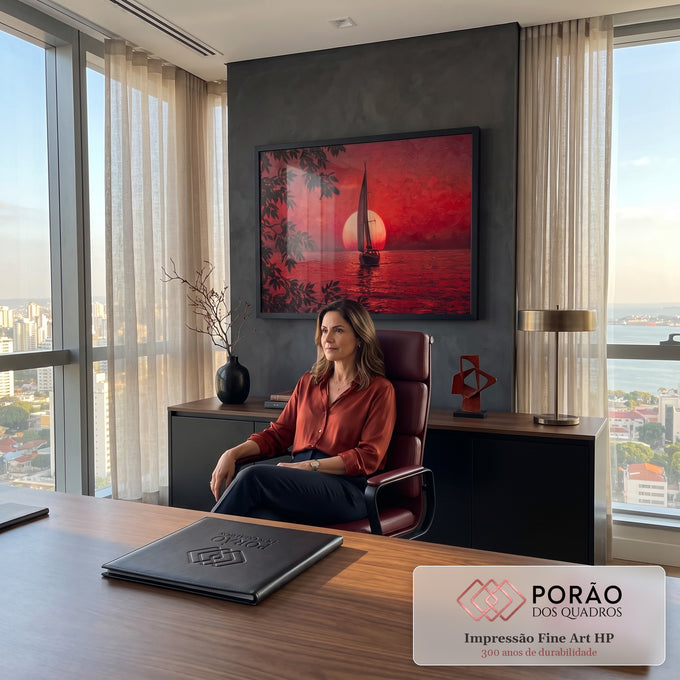 Quadro Decorativo Grande Veleiro ao Pôr do Sol Mar para Sala | quadros decorativos | veleiro em silhueta diante de sol vermelho intenso sobre o mar | em ambiente 2 | Porao dos Quadros