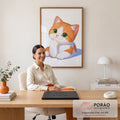 Gatinho laranja e branco de olhos verdes com a patinha no queixo em ilustração fofa, quadro decorativo