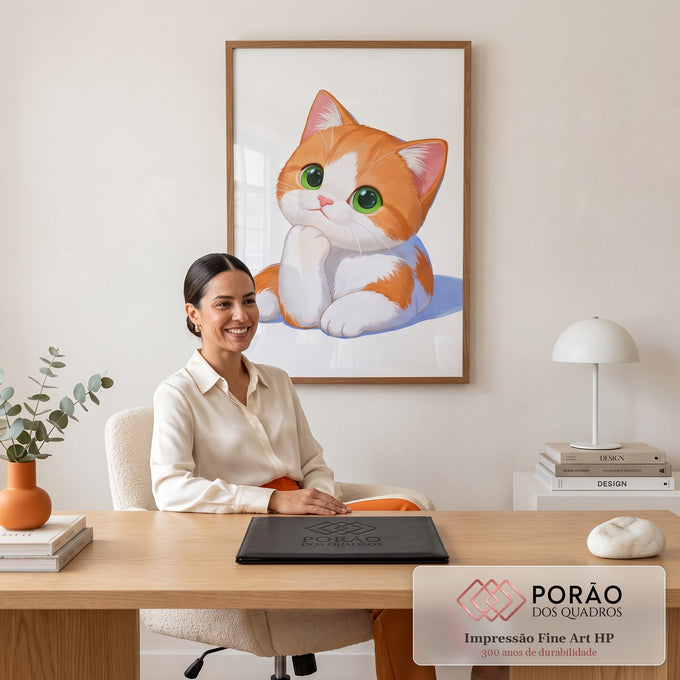 Gatinho laranja e branco de olhos verdes com a patinha no queixo em ilustração fofa, quadro decorativo