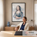 Mona Lisa pintada em aquarela azul com tinta escorrida sobre fundo branco, quadro decorativo